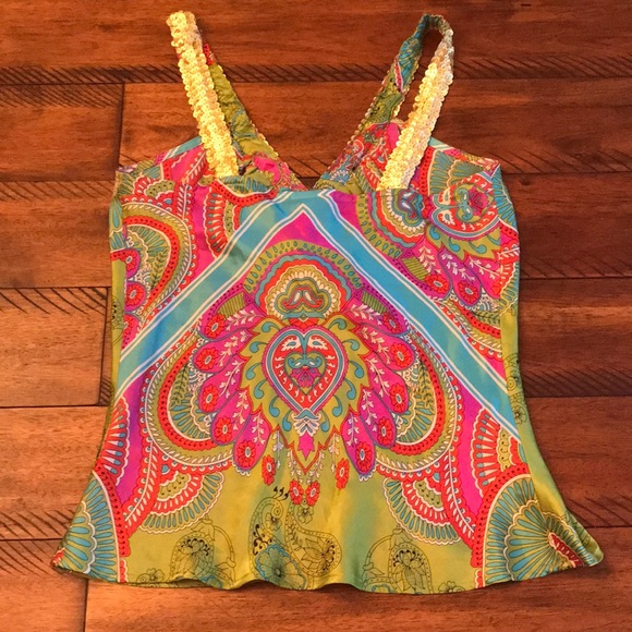 Evolve 100% silk green paisley sequined Boho tank - Picture 3 of 8